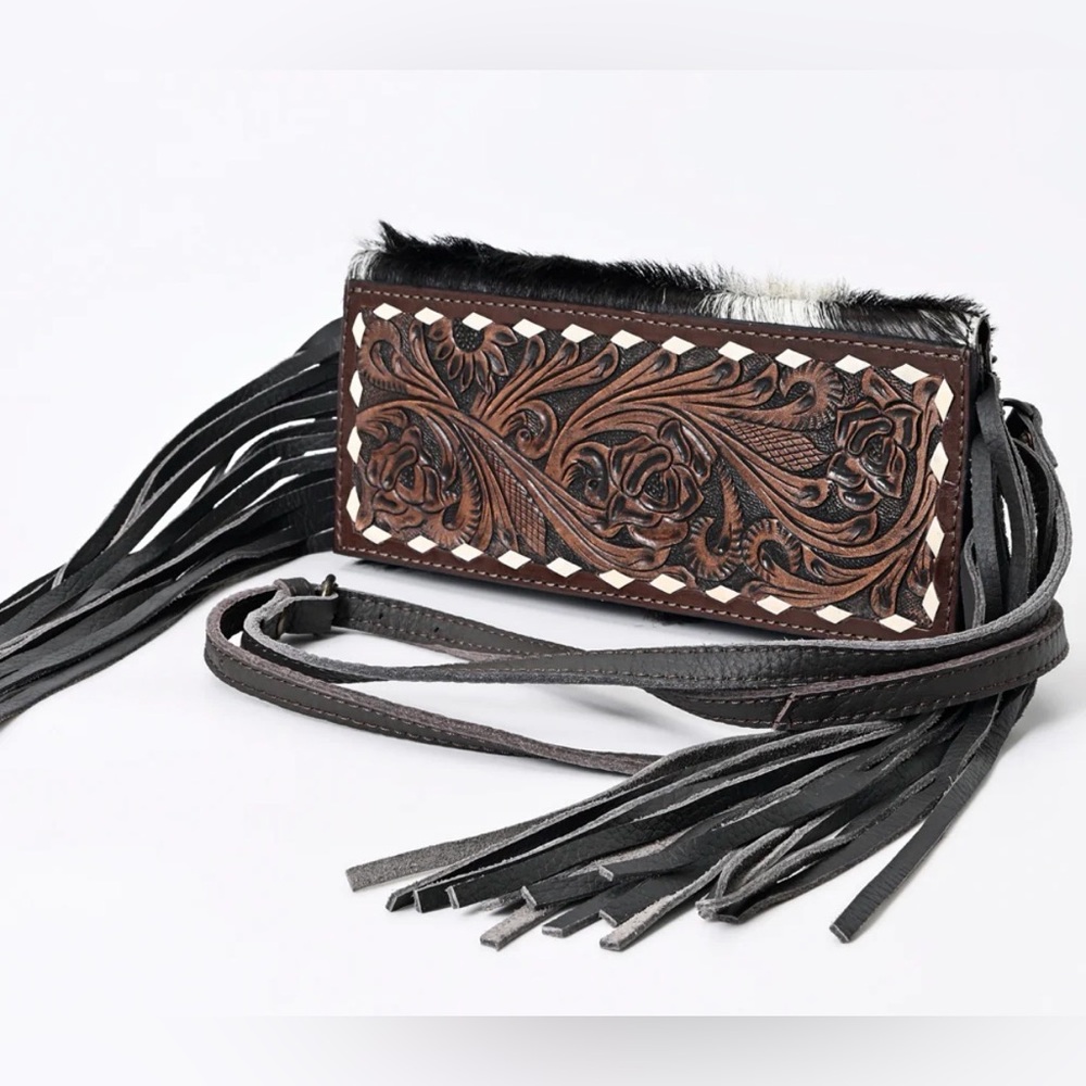 Western Leather Tooled Fringe Crossbody Wallet - Brown